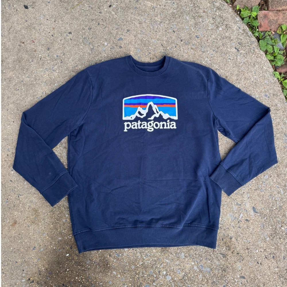 Patagonia Mens Uprisal Crew Sweatshirt Navy Blue Fitz Roy Logo Large Regular Fit